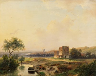 Paisagem fluvial perto de Haarlem com moinho de vento e as ruínas de Brederode de Andreas Schelfhout