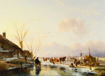 Patinadores por uma cabine em um rio congelado, 1850 de Andreas Schelfhout