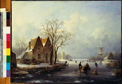 Patinadores em uma paisagem de inverno congelado de Andreas Schelfhout