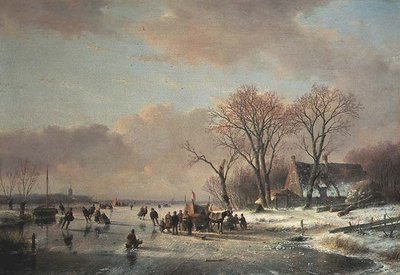 Paisagem fluvial de inverno com numerosos patinadores de Andreas Schelfhout