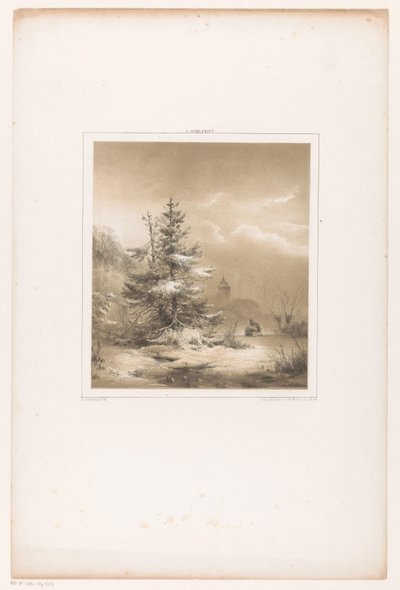 Paisagem de inverno com pinheiros e um homem com um trenó de Andreas Schelfhout