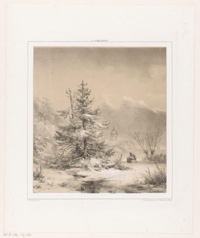 Paisagem de inverno com pinheiros e um homem com um trenó de Andreas Schelfhout