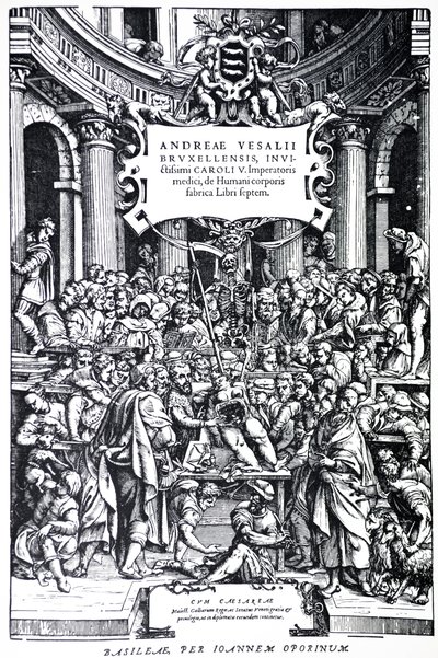 As páginas de título da segunda edição da Placa Humano Devices corpo 3, 1555 de Andreas Vesalius