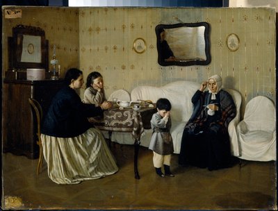 Uma manhã em família, ensine a criança a orar - Pintura de Andrei Antipovich Rumyantsev (?-1907), óleo sobre tela de Andrei Rumyantsev