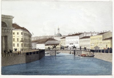 Le pont Bolshoi Koniushennyi a Saint Petersbourg. (Ponte Bolshoi Koniushennyi em São Petersburgo). Lithographie et aquarelle de Andrei Yefimovich Martynov (1768-1826) de Andrei Yefimovich Martynov