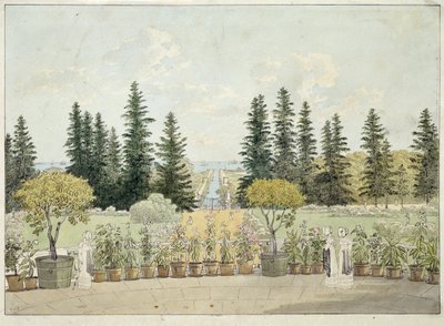 Vista do terraço do Palácio Oranienbaum em Lomonosov, aglomeração de São Petersburgo (Vista do terraço do Grande Palácio Oranienbaum). Obra de Andrei Yefimovich Martynov (1768-1826), aquarela sobre papel de Andrei Yefimovich Martynov