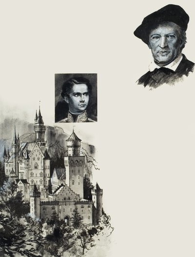 Ludwig II da Baviera e o seu castelo de Neuschwanstein (guache sobre papel) de Andrew Howat