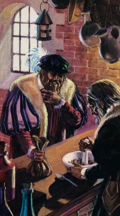 Compra de chifre de unicórnio em pó na Idade Média (litografia a cores) de Andrew Howat
