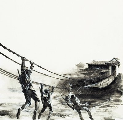 A Batalha da Ponte de Luding (guache sobre papel) de Andrew Howat