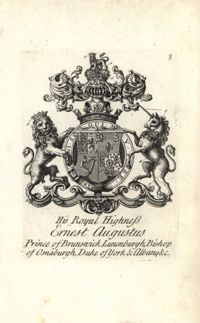 Brasão e brasão de Ernest Augustus, Príncipe de Brunswick Luneburg, Bispo de Osnaburgh, Duque de York e Albany de Andrew Johnston