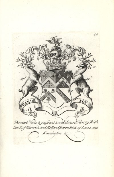 Brasão e brasão do Lorde Edward Henry Rich, 7º Conde de Warwick e Holanda, Barão RIch de Leeze e Kensington de Andrew Johnston