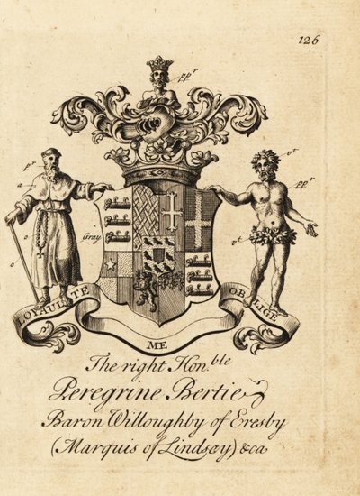 Brasão do Honorável Peregrino Bertie, Barão Willoughby de Eresby, Marquês de Lindsay, 2º Duque de Ancaster e Kesteven de Andrew Johnston