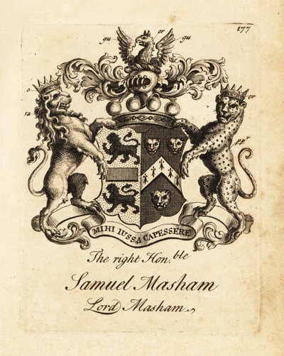 Escudo de armas do Honorável Samuel Masham, Senhor Masham de Andrew Johnston