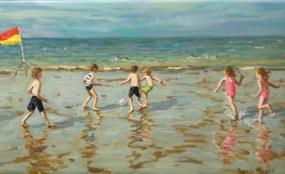 Futebol de praia, Sheringham, 2018 (óleo sobre tela) de Andrew Macara