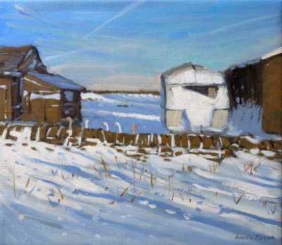 Caravana e Gansos, Derbyshire, 2011 (óleo sobre tela) de Andrew Macara