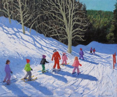 Aula de esqui infantil,Courchevel para La Tania,20 "x24",2019 (óleo sobre tela). de Andrew Macara