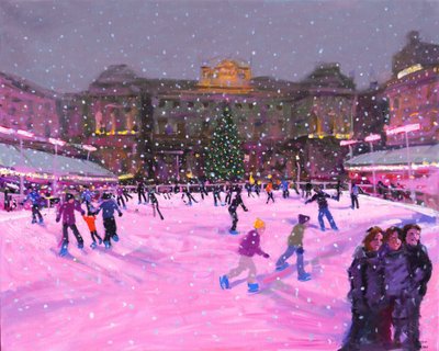 Patinagem de Natal,Somerset House com luzes rosa,2014 (óleo sobre tela)(imagem actualizada) de Andrew Macara