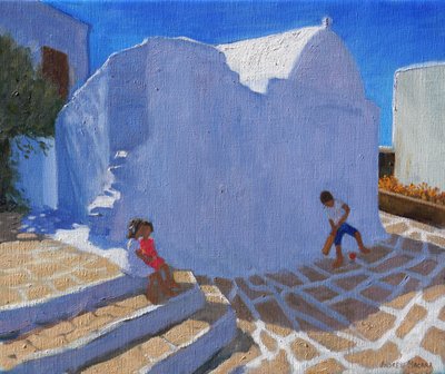 Grilo pela parede da igreja, Mykonos (óleo sobre tela) de Andrew Macara