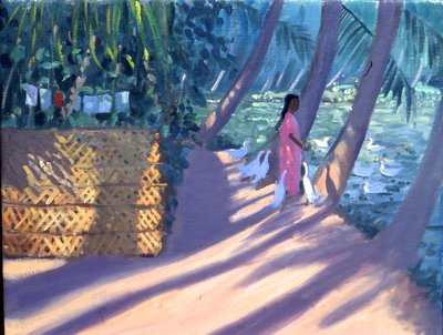 Alimentar os patos, Kerala, Índia (óleo sobre tela) de Andrew Macara