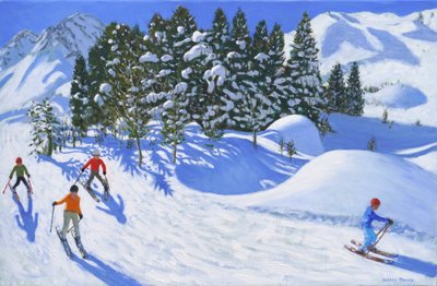 Quatro esquiadores alpinos, 2024, (óleo sobre tela) de Andrew Macara
