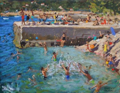 Diversão no mar, Rovinj, Croácia, 2016, (óleo sobre tela) de Andrew Macara