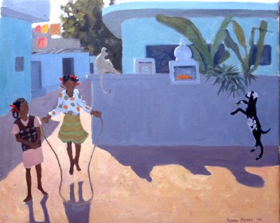 Rapariga a saltar, macaco e cabra, Índia de Andrew Macara