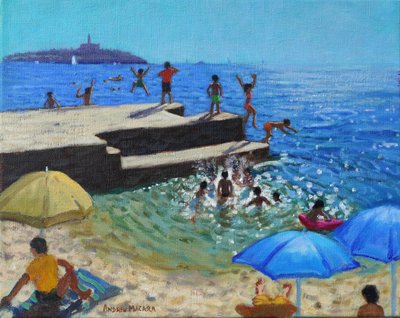 Saltar para o mar, Rovinj, Croácia, 2024 (óleo sobre tela) de Andrew Macara