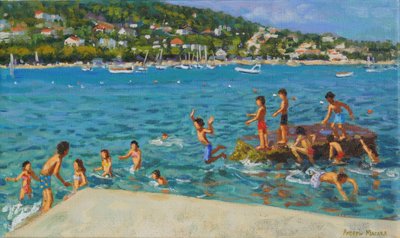 Saltar das rochas; Cinque Terre, Positano, Itália, 2000 (óleo sobre tela) de Andrew Macara
