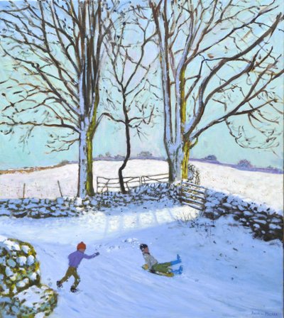 Árvores de grande porte e trenós, Derbyshire, 2023 (óleo sobre tela) de Andrew Macara