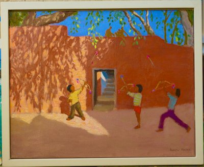 Jogando arcos e flechas, Índia, 2005 (óleo sobre tela) de Andrew Macara