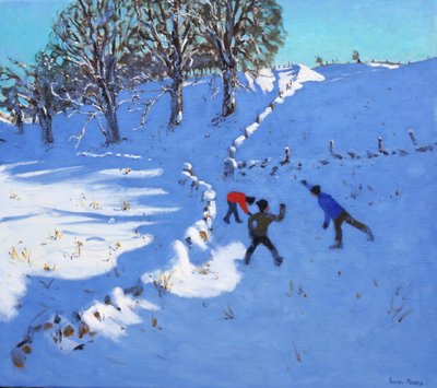 Jogando na neve Youlgrave, Derbyshire, 2016, (óleo sobre tela) de Andrew Macara
