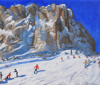 Esqui descendo a montanha, Selva Gardena, (óleo sobre tela) de Andrew Macara