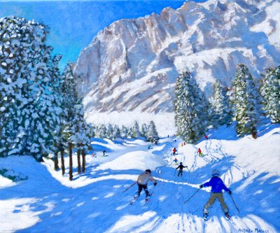 Esqui em direcção às Dolomitas, Val Gardena, Itália, 2022 (óleo sobre tela) de Andrew Macara