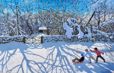 Sledging, Gambols Lane, Dovehead, High Peak, Derbyshire, 2021 (óleo sobre tela) de Andrew Macara