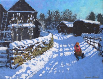Sledging, perto de Wintercroft Lane, perto de Dovedale e Thorpe. Ashbourne, 2021 (óleo sobre tela) de Andrew Macara