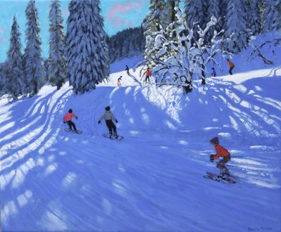 Snowboarders e esquiadores, Morzine, França, 2022 (óleo sobre tela) de Andrew Macara
