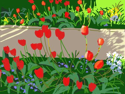 Tulipas e joaninhas, 2017, (pintura de iPad) de Andrew Macara
