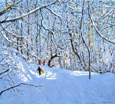 Trenós amarelos e laranjas, Allestree Park, Derby. 36 x 40,2018, de Andrew Macara