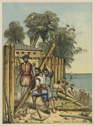Columbus construindo um forte no Haiti (chromolitho) de Andrew Melrose