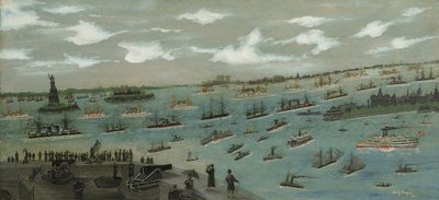 Revisão da frota dos Estados Unidos no porto de Nova York com a Estátua da Liberdade, 1893 de Andrew Meyer