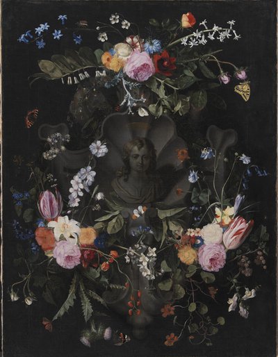 Cartouche com busto de Cristo cercado por uma guirlanda de flores de Andries Bosman