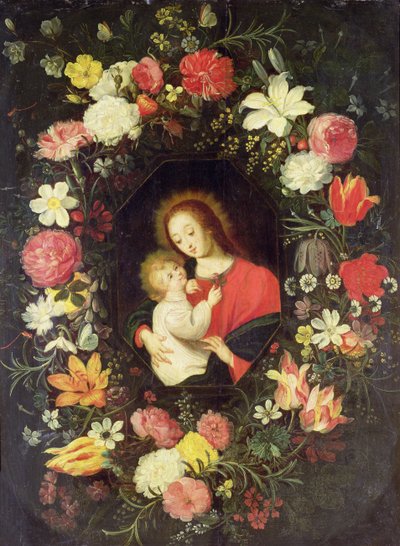 A Virgem e o Menino numa guirlanda cercada de flores de Andries Daneels