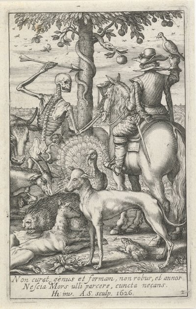 Esqueleto com flecha e falcão, no meio de animais
Esqueletos de animais (título da série) de Andries Jacobsz. Stock