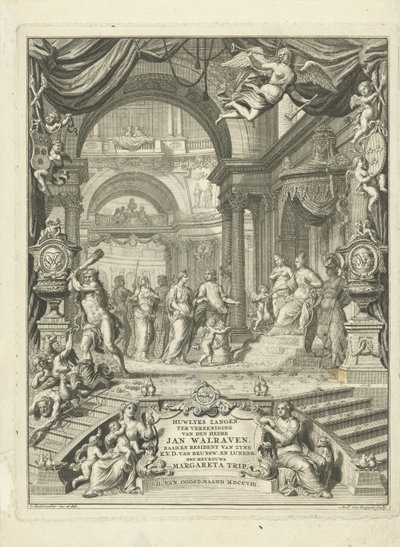 Página de título para: Hinos de casamento em vereeniging de den heere Jan Walraven, raadt (...) van zyne keurvorstelyke doorluchtigheit van Brunswyk en Lunenburg. Com a Sra. Margareta Trip. Amsterdão, 108 de Andries van Buysen (Sr.)