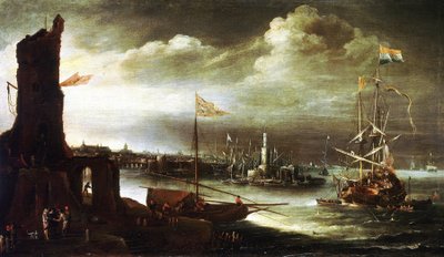 Um navio holandês ancorado em frente ao porto de Génova (Itália) de Andries van Eertvelt