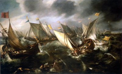 Uma corrida de iates holandesa, ao largo da costa do Norte da Europa. Óleo sobre tela, cerca de 1630, de Andries van Eertvelt (1590-1652). de Andries van Eertvelt