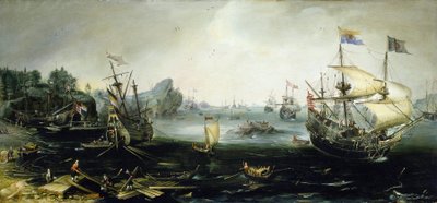 Navios holandeses carregando uma carga de madeira num fiorde escandinavo. Pintura a óleo, de Andries van Eertvelt (1590-1652). de Andries van Eertvelt