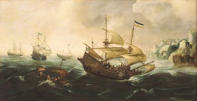 Navios neerlandeses a descer para uma costa rochosa de Andries van Eertvelt