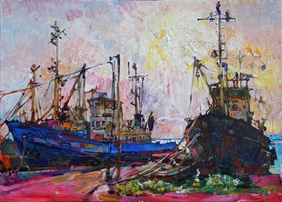 Barcos coloridos no porto de Andrii Kutsachenko