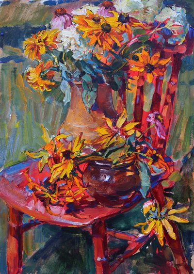 Cadeira Vermelha com Flores Amarelas de Andrii Kutsachenko